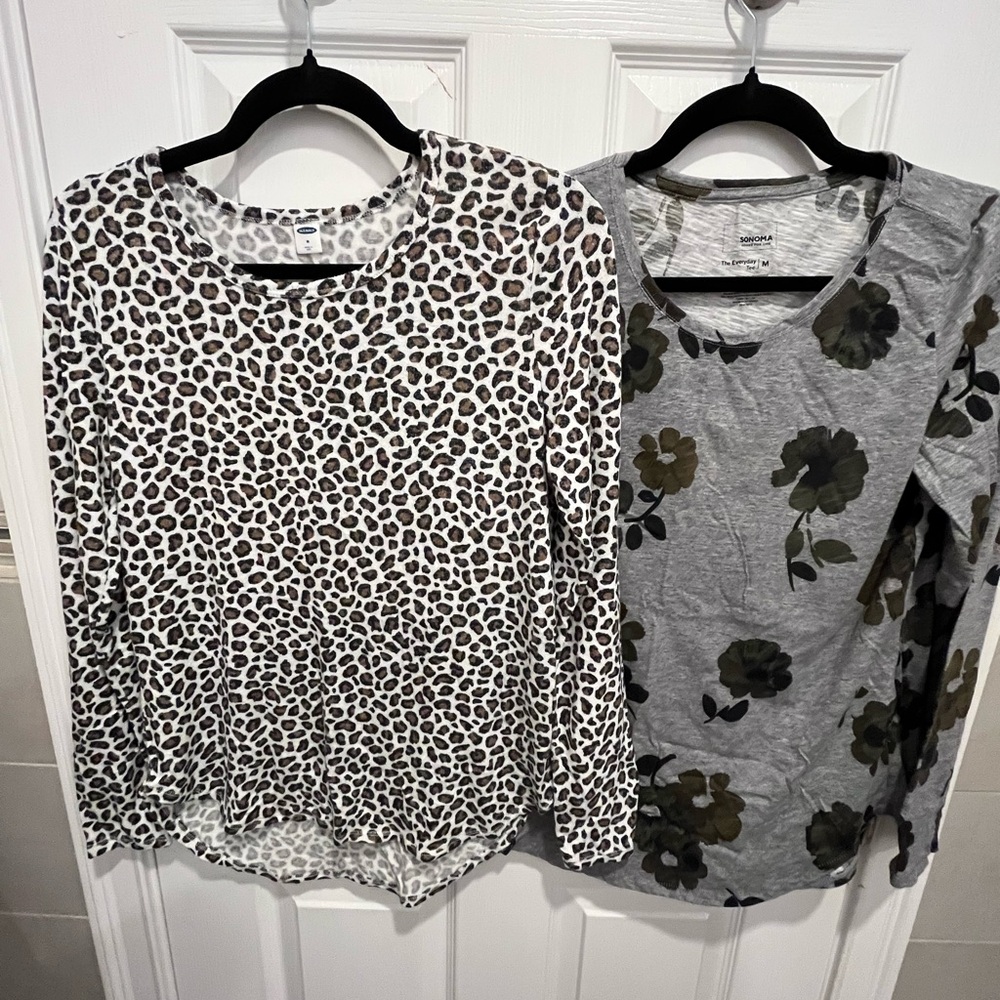 Old Navy Leopard Print and Sonoma Floral Gray Cotton Sleep Blouses